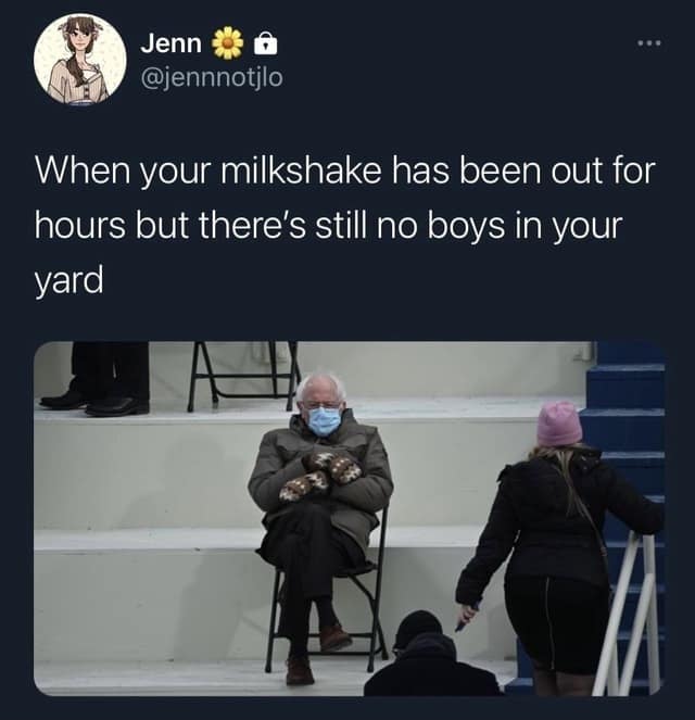 A funny "my milkshake meme" using the Bernie Sanders mittens meme, waiting for the boys to arrive