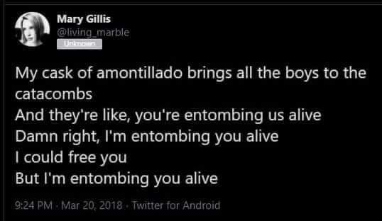 A high-IQ "my milkshake meme" parody based on Edgar Allan Poe's "The Cask of Amontillado."