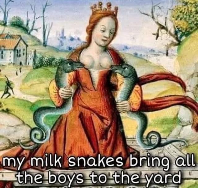 A "my milkshake brings all the boys to the yard" parody, using a medieval painting of a woman with "milk snakes."
