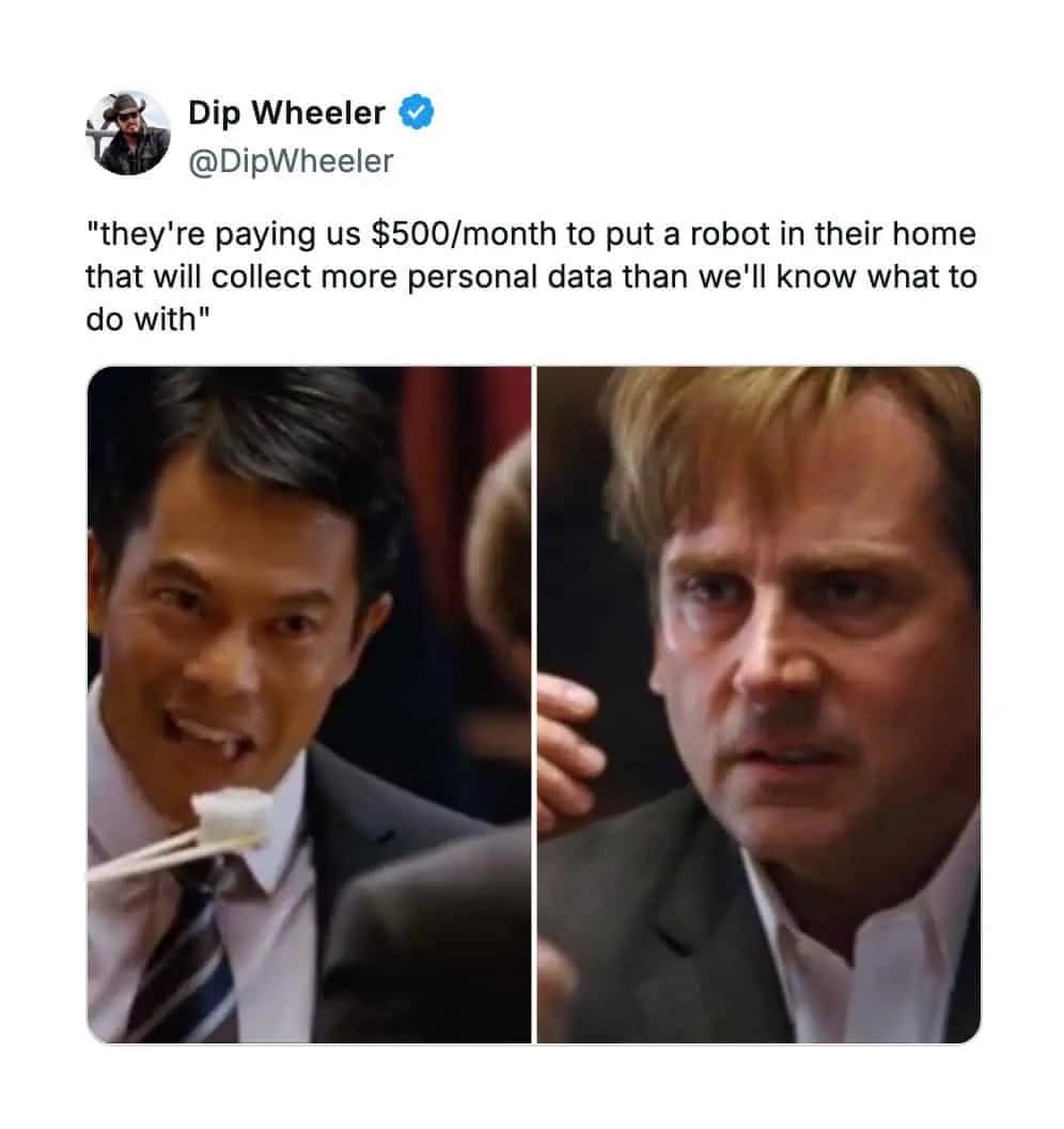 A neo robot meme using The Big Short to joke about the company selling a $500/month data collection device