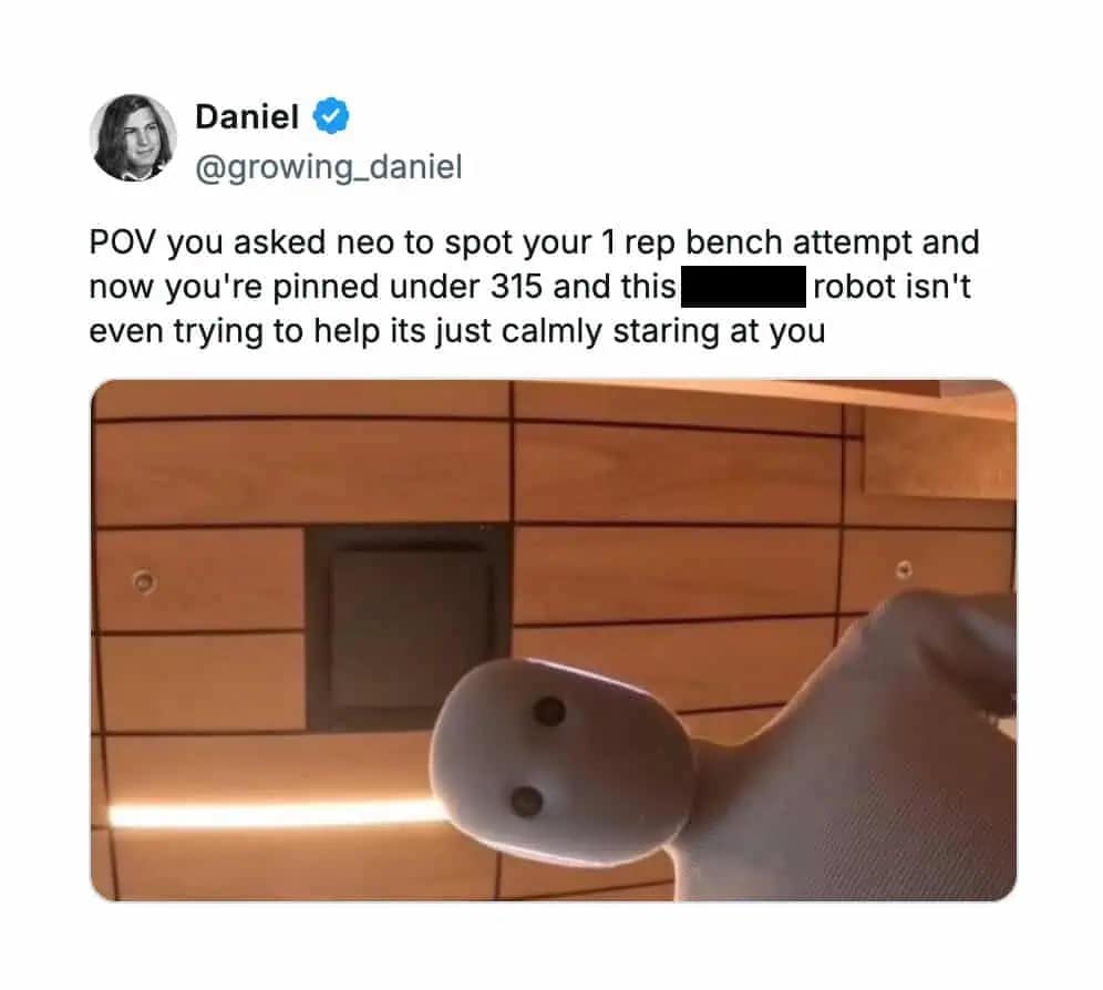 A funny neo robot meme about the robot "calmly staring" as you're pinned under a 315lb bench press