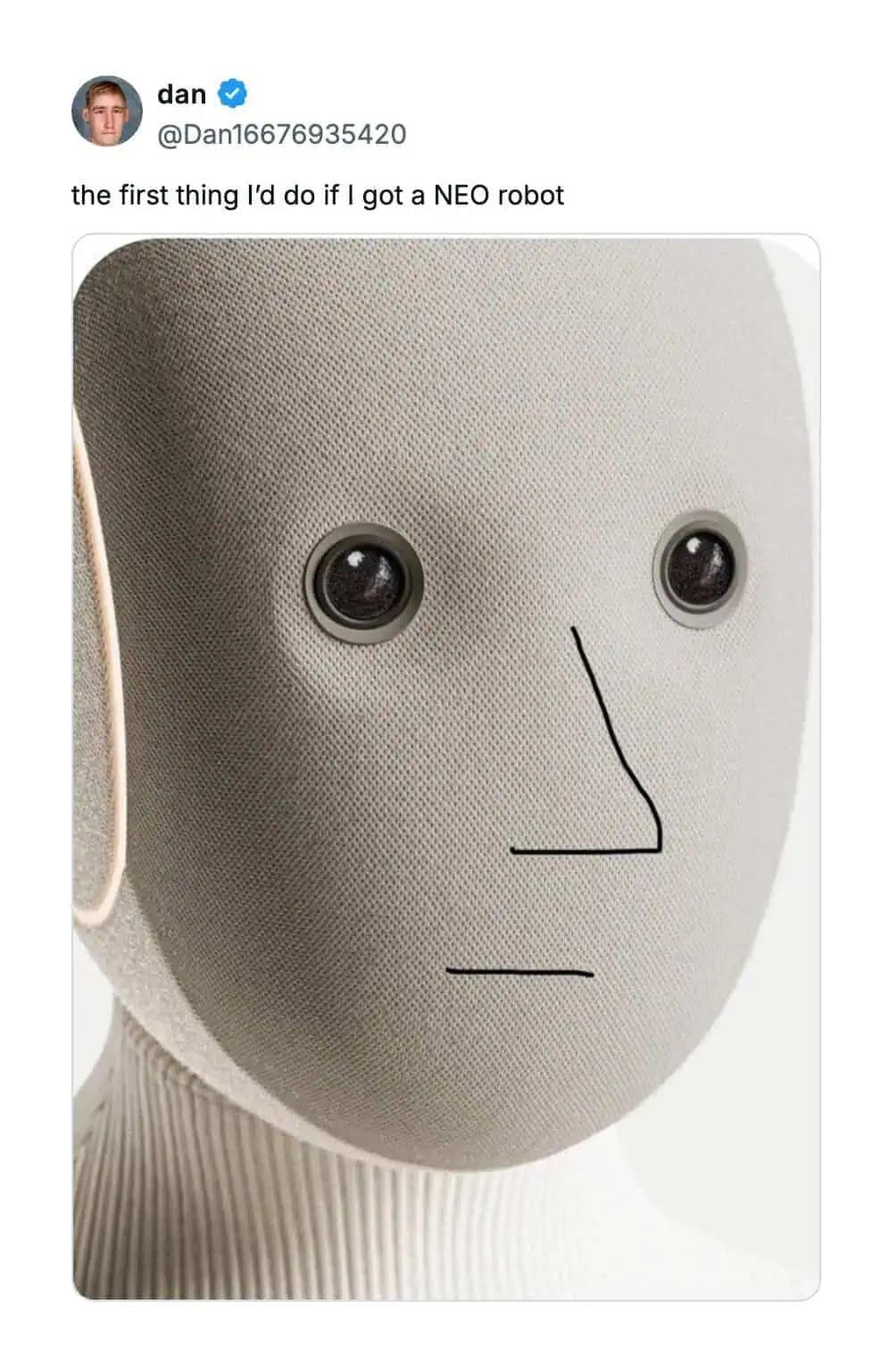 A funny neo robot meme showing what everyone would do first: draw a dumb, minimalist face on it.