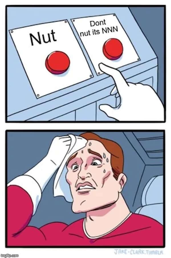 "Two buttons" meme showing a man sweating over the choice to "Nut" or "Dont nut its NNN."