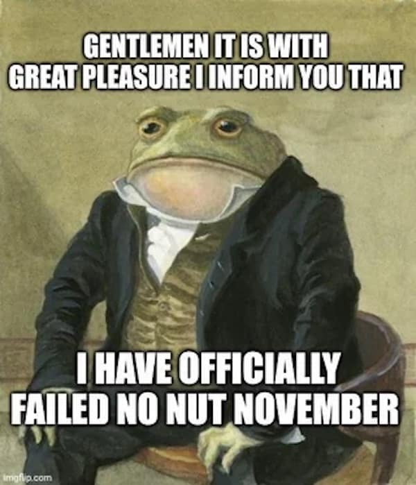 A formal frog in a suit, a funny No Nut November meme captioned "I have officially failed NNN."