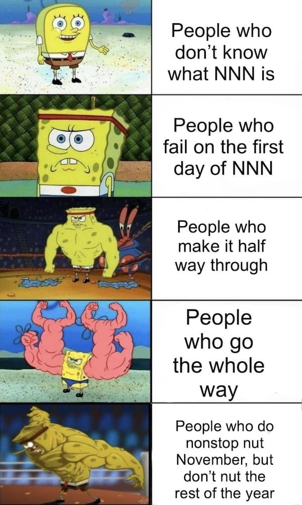 A SpongeBob-themed No Nut November meme showing escalating levels of strength for participants, from weak to god-like.