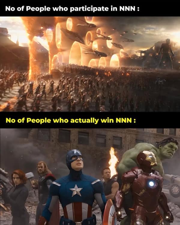 An Avengers NNN meme comparing the huge army of participants to the small group of heroes who actually win.