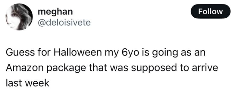 A funny parenting tweet from just before Halloween about a kid's costume: a late Amazon package.