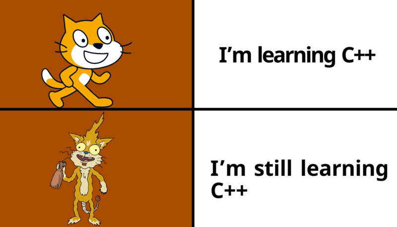 A programmer meme showing the difficulty of learning C++, using the Scratch cat versus a meth-addled cat.