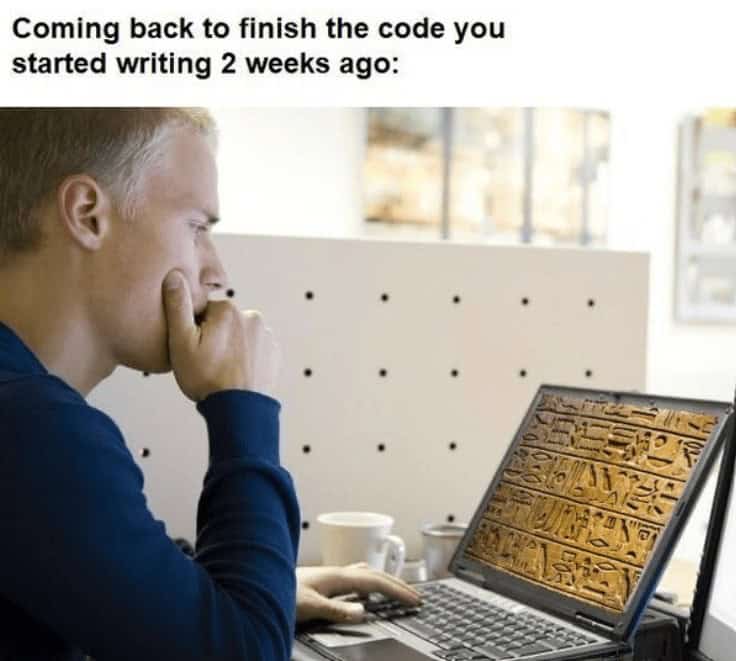 A programmer meme showing a developer looking at his own two-week-old code, which looks like Egyptian hieroglyphs.