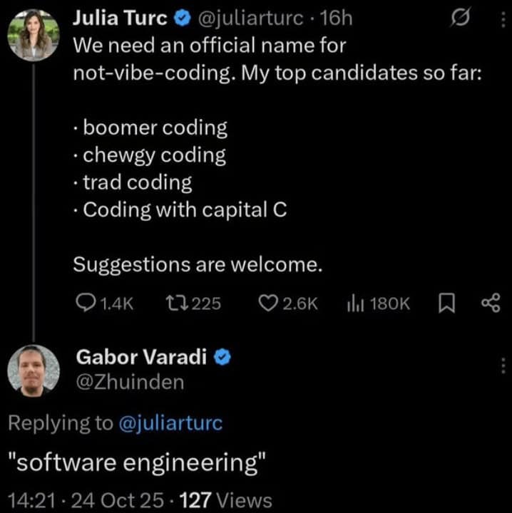 A viral tweet coding meme where "vibe coding" is hilariously shut down by the term "software engineering."