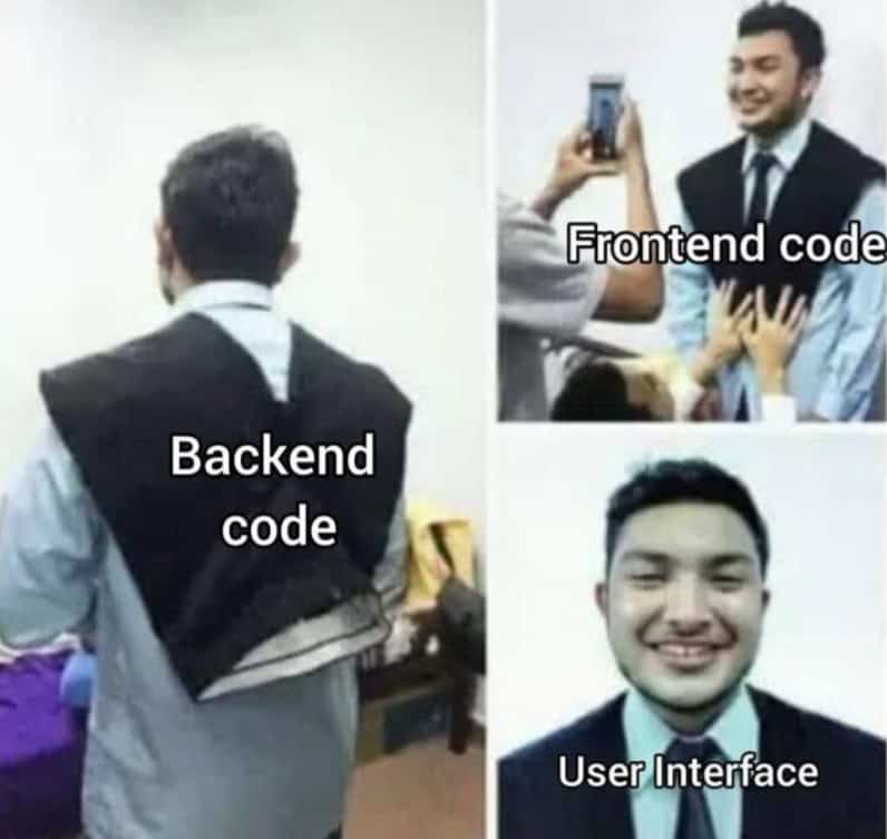 A funny programmer meme explaining the difference between "Frontend," "Backend," and "User Interface."