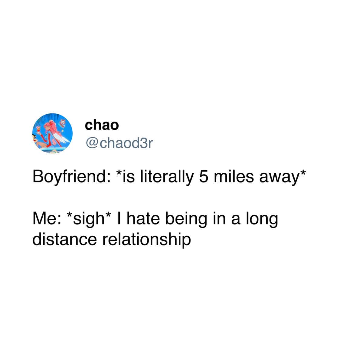 A relationship meme and funny couple tweet joking about a 5-mile distance being a "long distance relationship."