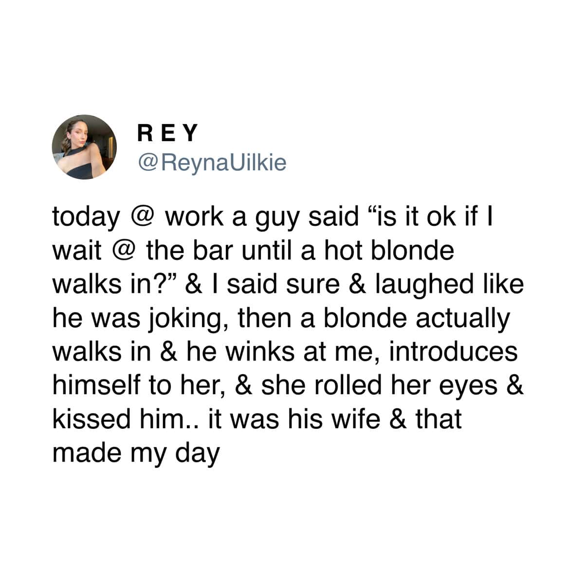 A relationship meme and funny couple tweet telling a wholesome story about a man's "hot blonde" wife at a bar.