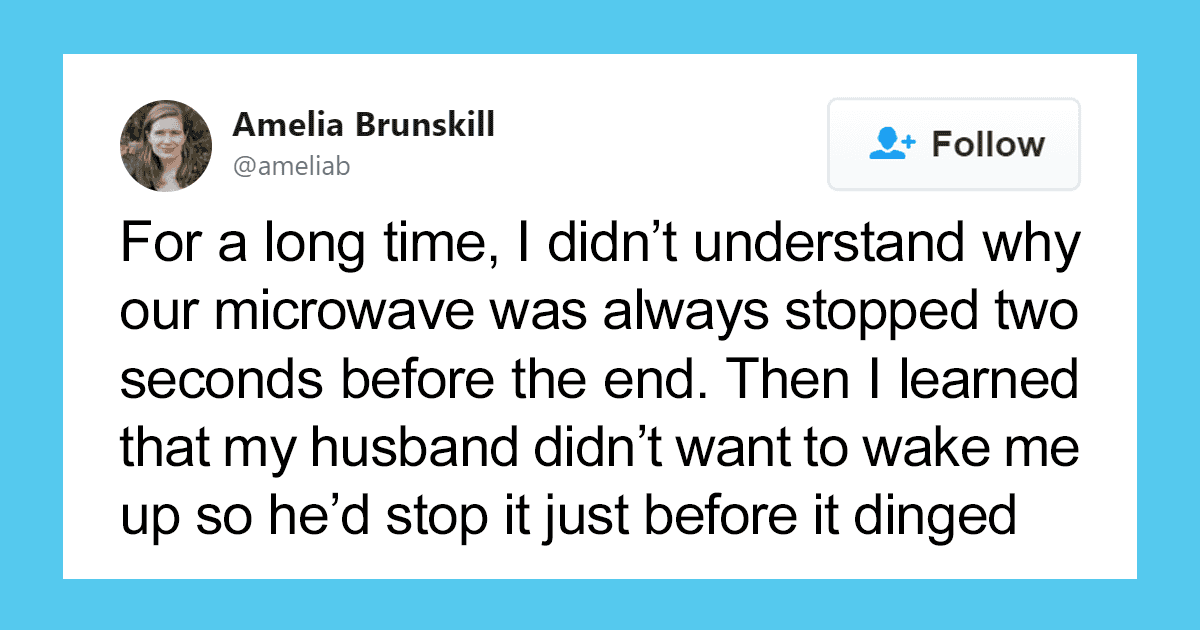 A relationship meme and funny couple tweet about a husband stopping the microwave early to not wake his wife.