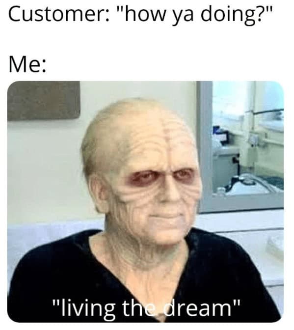 Emperor Palpatine retail meme saying "living the dream" while looking dead inside