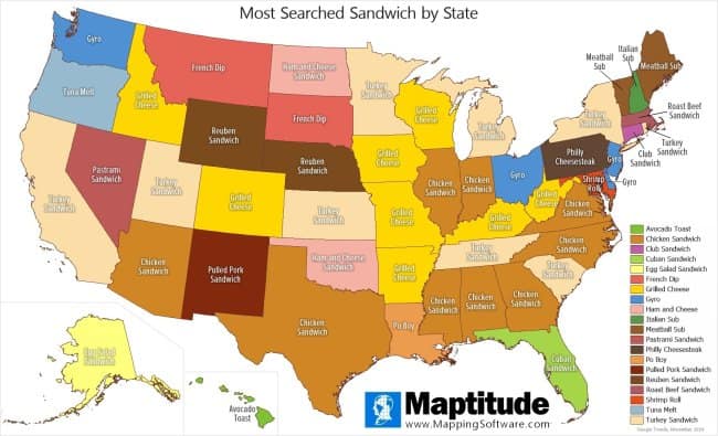 A Maptitude map of the United States showing the most searched sandwich for every state.
