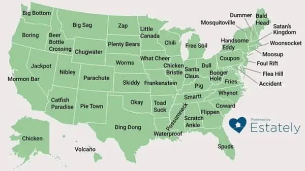 A funny map of the USA showing the weirdest and most ridiculous town name in every state.