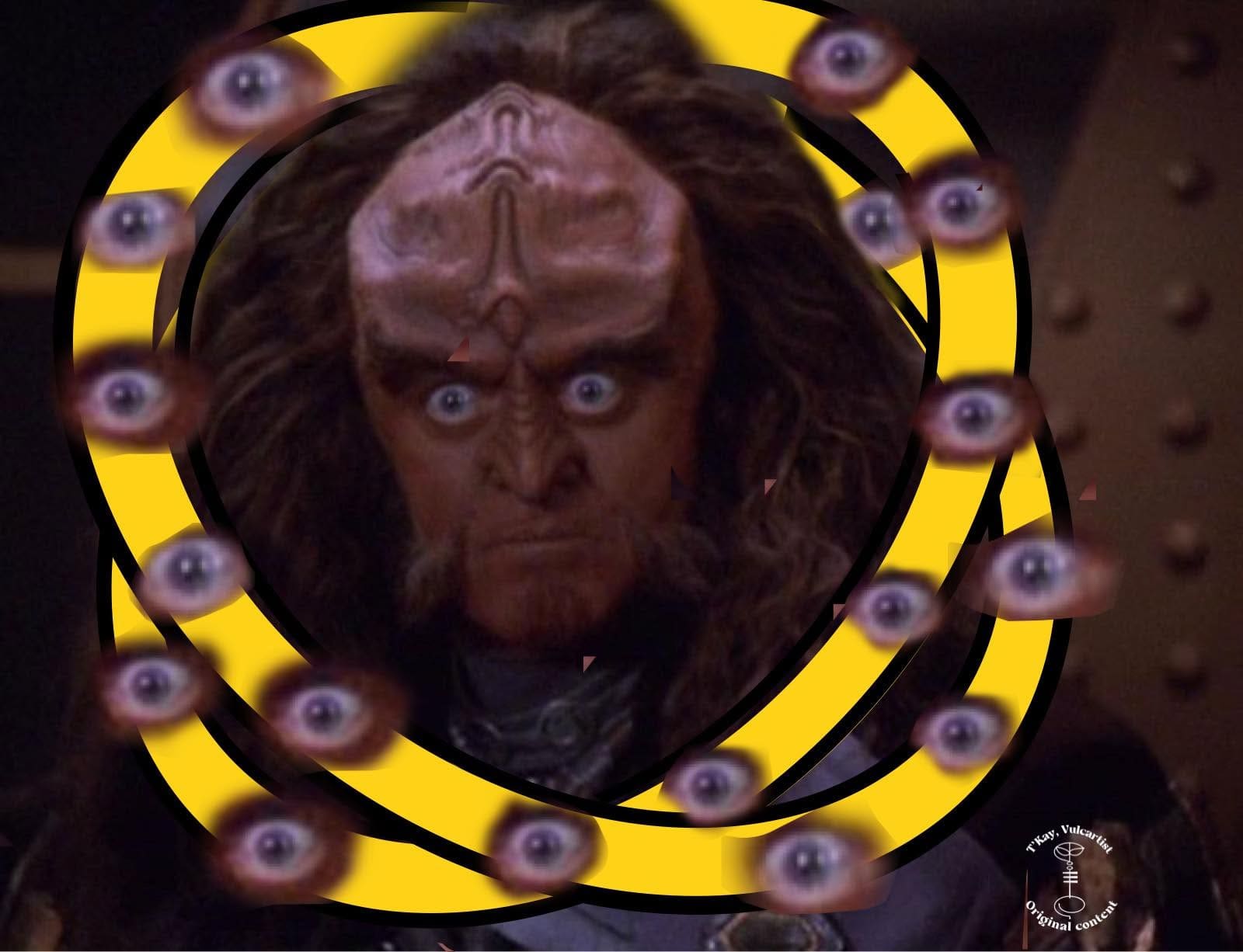 A funny Star Trek meme of a Klingon, Gowron, edited to look like a biblically accurate angel with many eyes