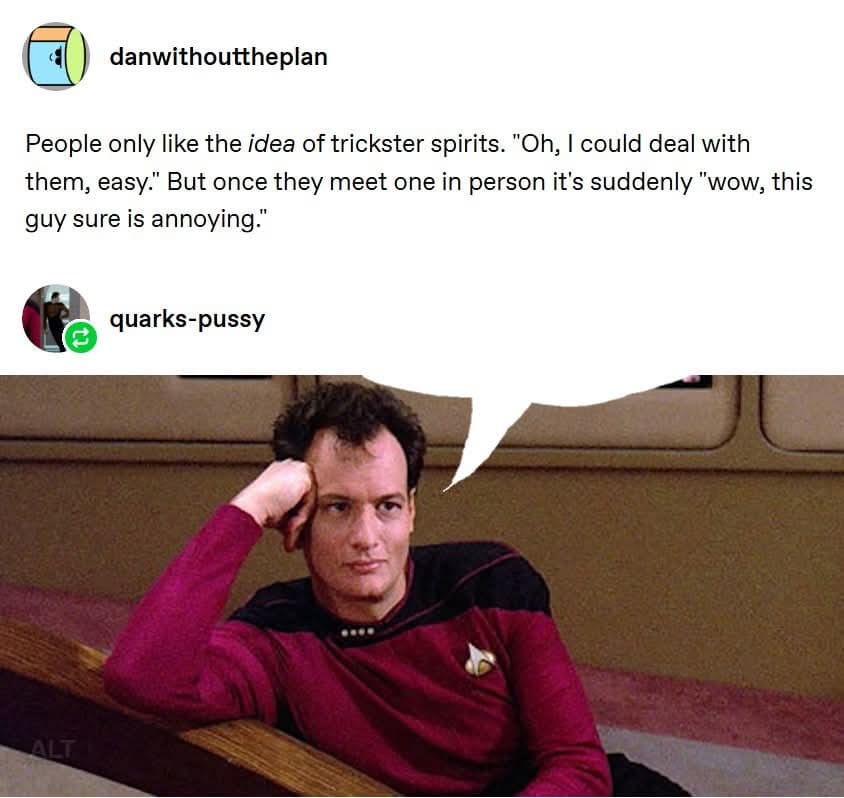 A funny Star Trek meme from Tumblr, explaining that "trickster spirits" like Q from TNG are just plain annoying