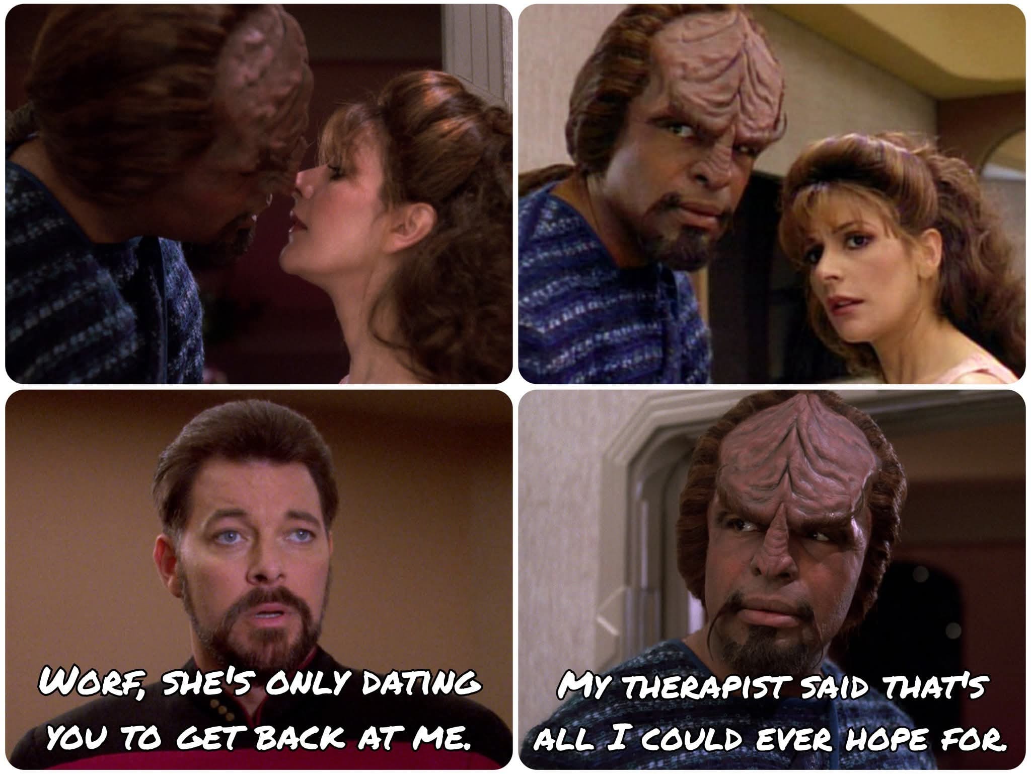 A funny Star Trek meme from TNG, joking about the Riker, Troi, and Worf love triangle.