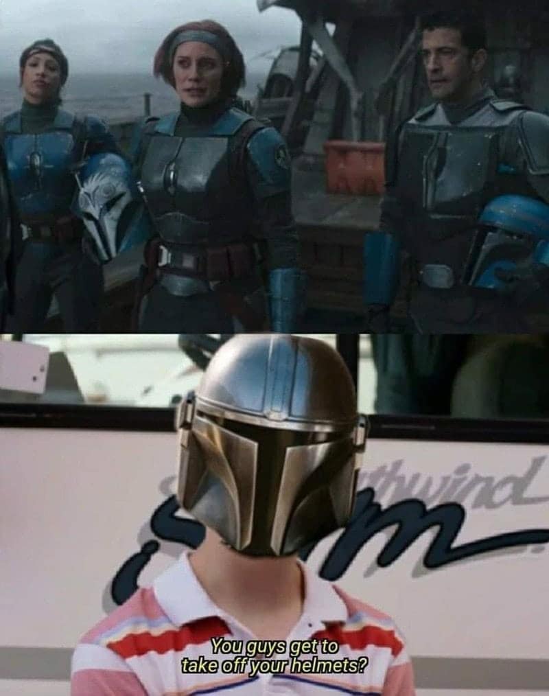 Mandalorian Star Wars meme reacting to other Mandalorians taking off helmets