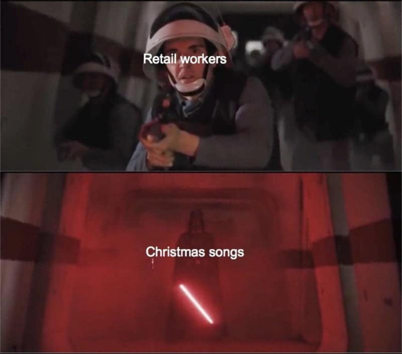 Star Wars meme comparing retail workers during holidays to the hallway scene