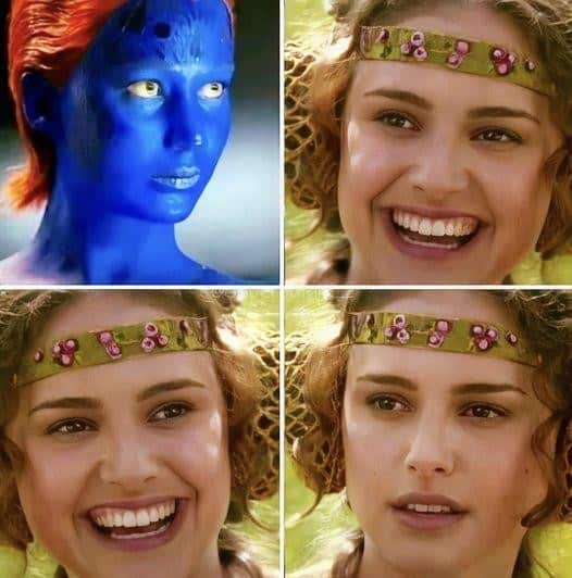 Star Wars meme comparing Mystique to Padme Amidala's expressions