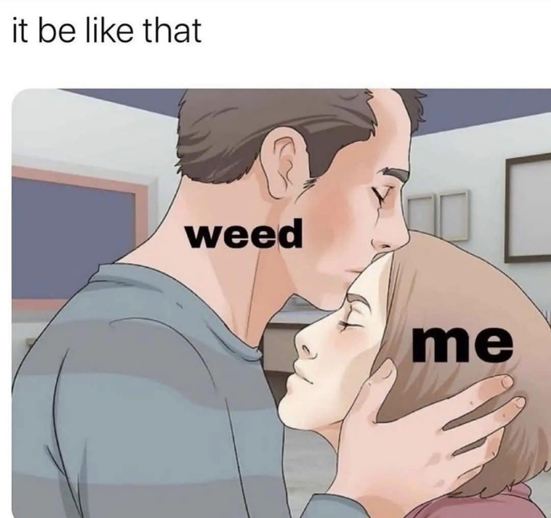 A stoner meme showing a "weed" (a man) lovingly kissing "me" (a woman) on the forehead