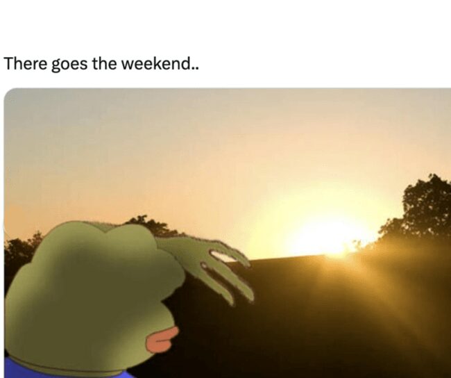 Pepe the Frog watching the sunset in a sad Sunday meme about the weekend ending.