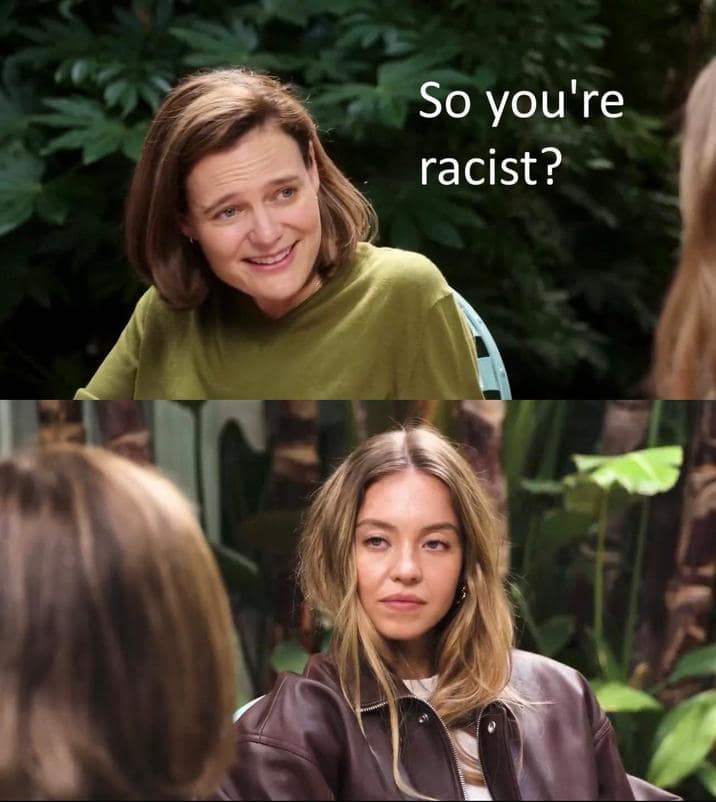 A Sydney Sweeney blank stare meme showing the classic "So you're racist?" format from the Sydney Sweeney GQ interview meme.