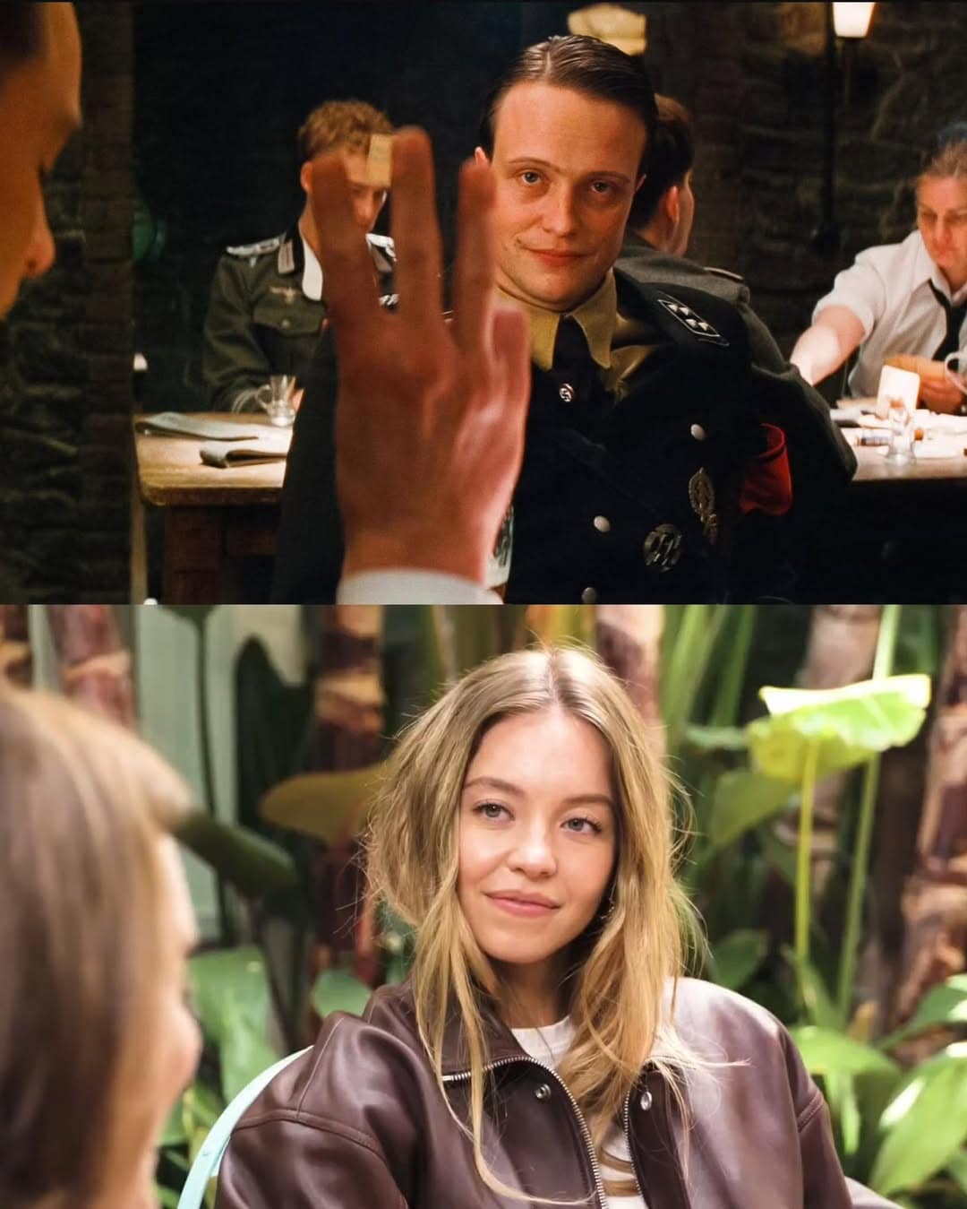 A Sydney Sweeney blank stare meme crossing over with the "three-finger" scene from Inglourious Basterds.