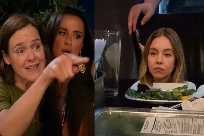 A Sydney Sweeney blank stare meme crossover with the "woman yelling at cat" meme format.