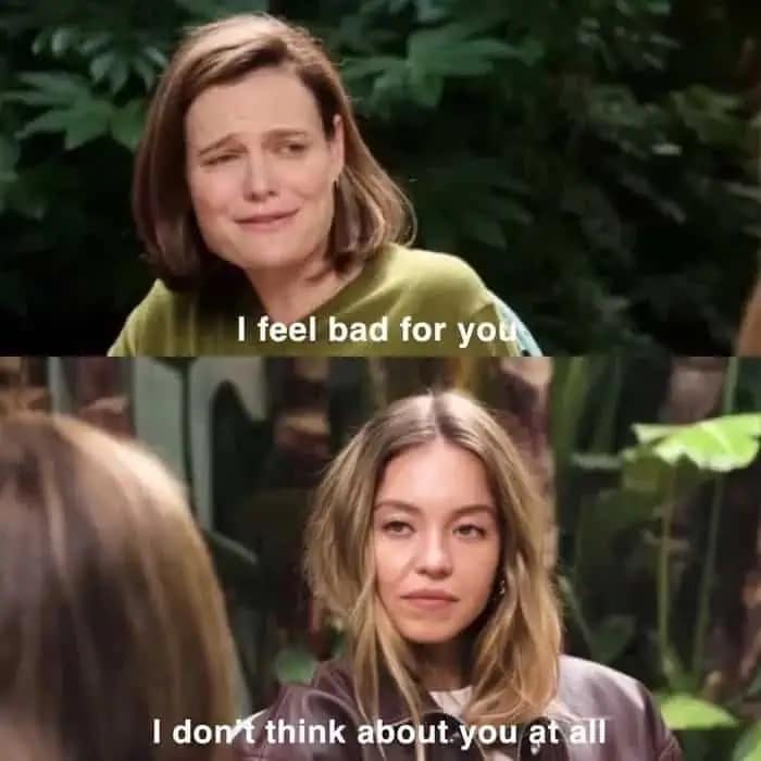 A Sydney Sweeney blank stare meme crossover with the Mad Men "I don't think about you at all" quote.