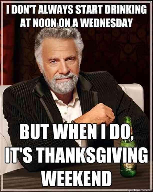Most Interesting Man Thanksgiving Eve meme about starting drinking at noon on Wednesday
