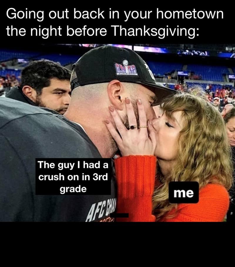 Thanksgiving Eve meme showing Travis Kelce kissing Taylor Swift in a hometown bar setting