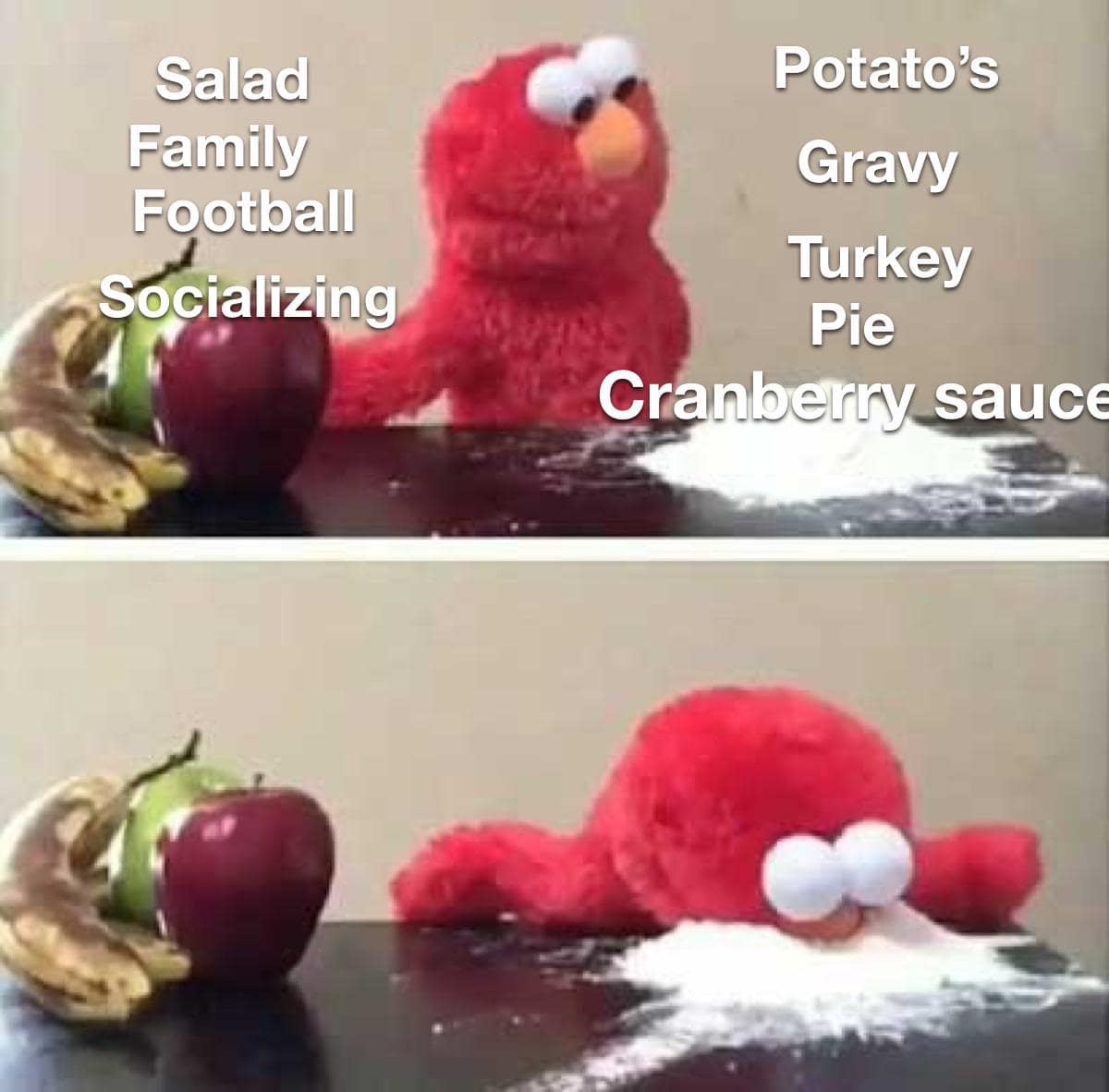 Thanksgiving food meme of Elmo sniffing a line of cranberry sauce.