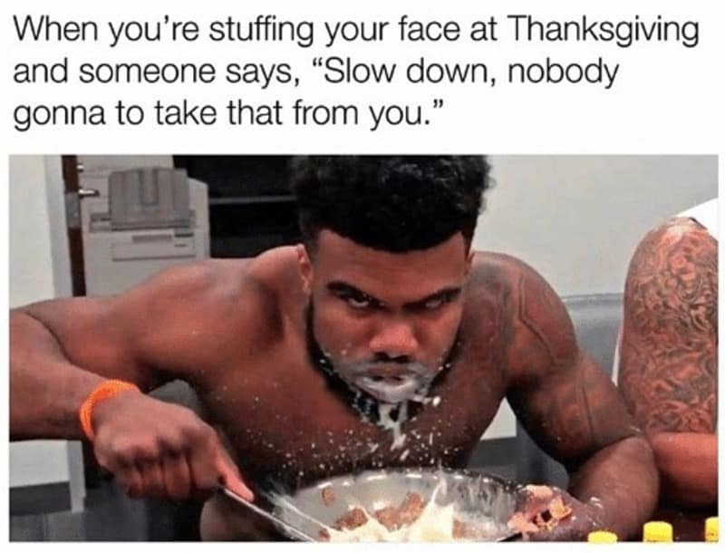 Thanksgiving food meme featuring Ezekiel Elliott eating cereal aggressively