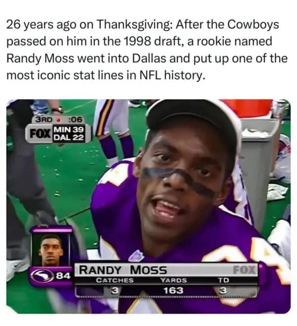 Thanksgiving football meme recalling Randy Moss's iconic stat line against the Cowboys