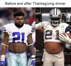 Thanksgiving football meme showing Ezekiel Elliott before and after dinner
