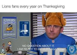 Thanksgiving football meme showing Michael Scott as a sad Lions fan.
