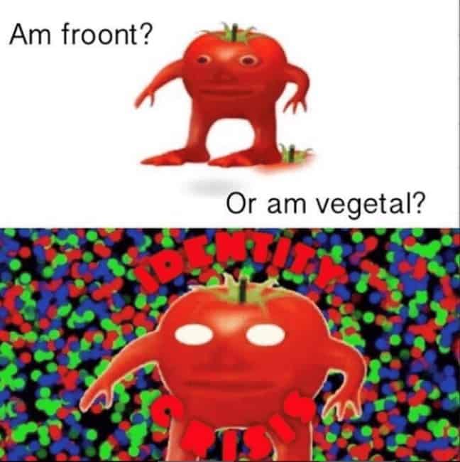 Surreal tomato meme of a tomato character having an identity crisis over being a fruit or vegetable.