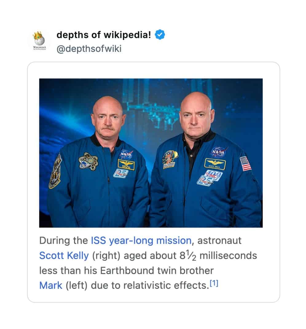 A fascinating Wikipedia fact, shared by "Depths of Wikipedia," about astronaut Scott Kelly aging 8.5 milliseconds less.