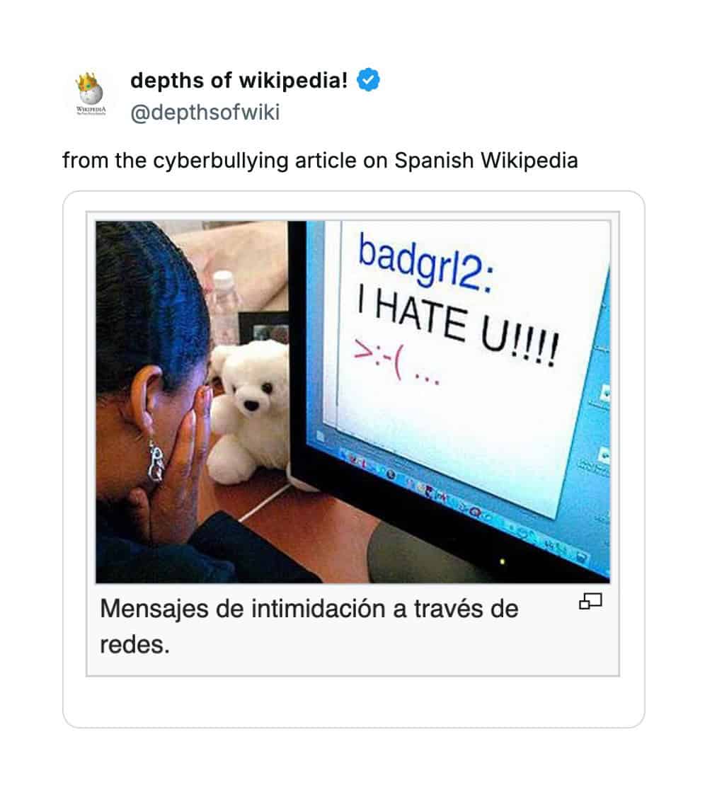 A funny, unhinged Wikipedia entry for "cyberbullying" on Spanish Wikipedia, showing a cringey "I HATE U" message.