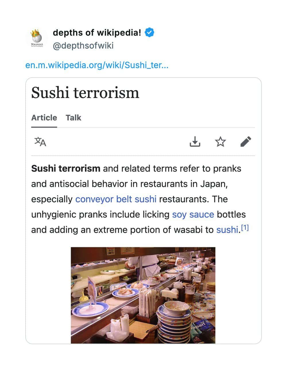An unhinged Wikipedia article for "Sushi terrorism," a term for unhygienic pranks at conveyor belt sushi restaurants.