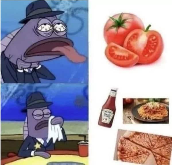 SpongeBob vegetable meme comparing a fresh tomato to ketchup.