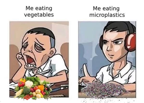 Vegetable meme comparing eating vegetables to eating microplastics.