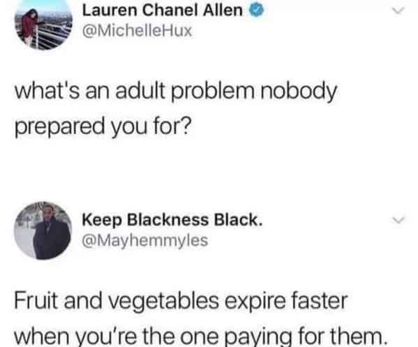 Vegetable meme tweet about produce expiring faster when you pay for it.