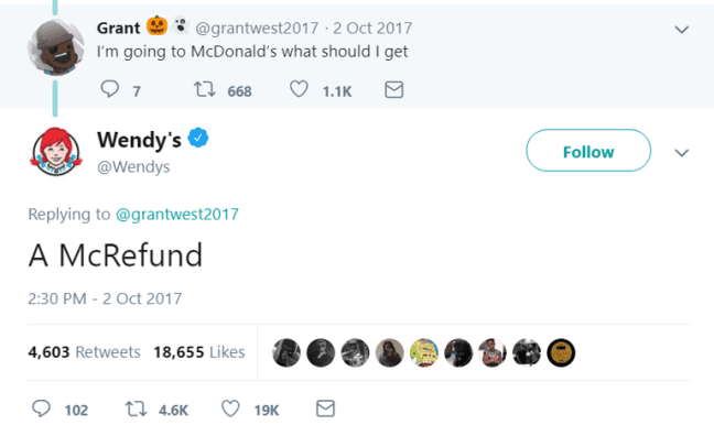 A classic Wendy's social media roast telling a user going to McDonald's to get "A McRefund."