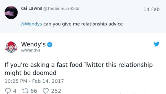A hilarious Wendy's social media reply to a user asking for relationship advice, saying their "relationship might be doomed."