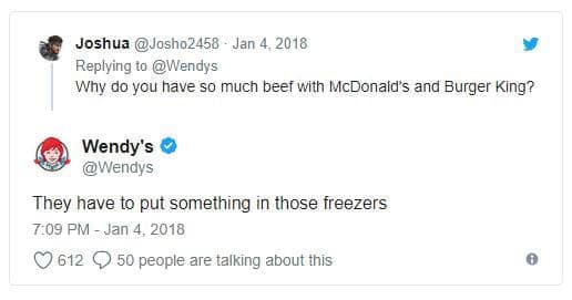 A savage Wendy's social media roast about frozen beef, implying competitors don't have real beef.
